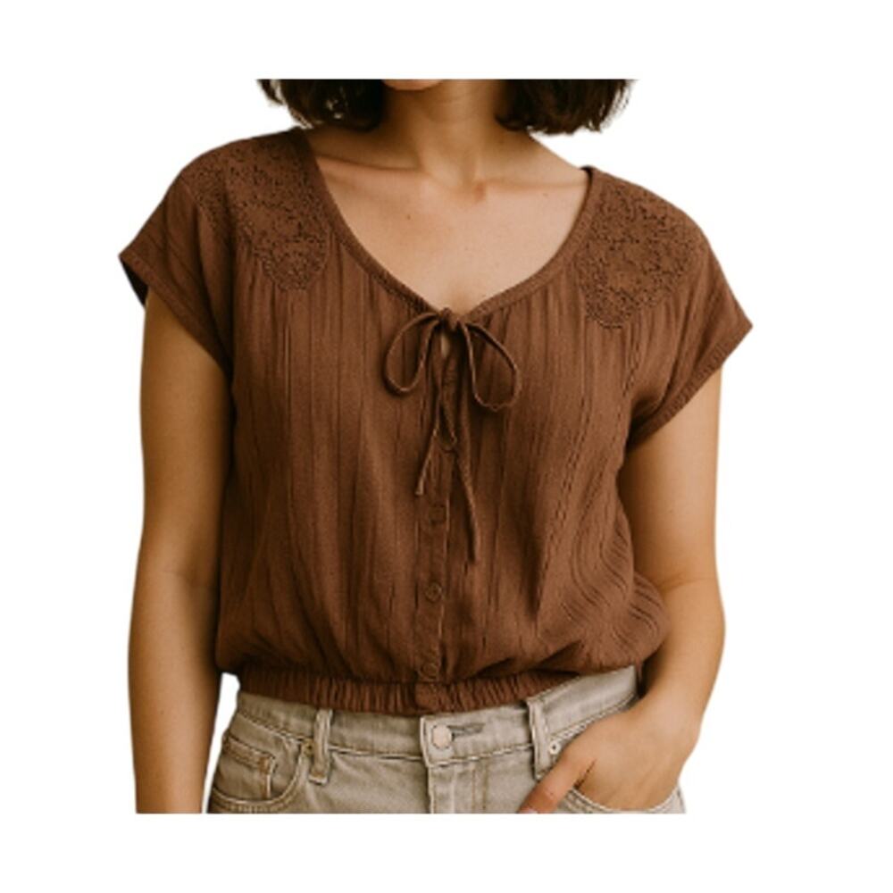 y2K Vintage Brown Peasant Blouse | Cottagecore Boho Top | 100% Cotton M